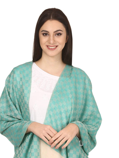 Pashtush Women’s Extra Fine Soft Wool Checkered Stole Sea Green