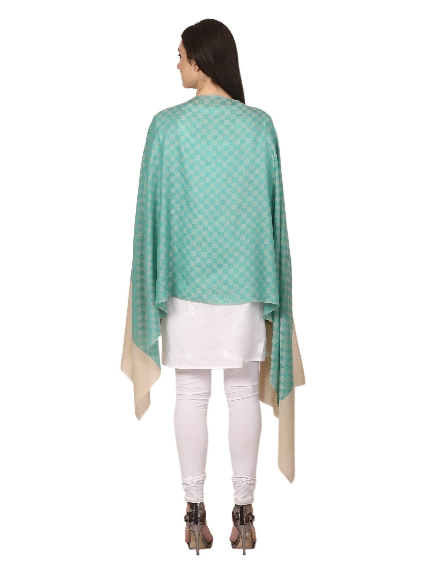 Pashtush Women’s Extra Fine Soft Wool Checkered Stole Sea Green