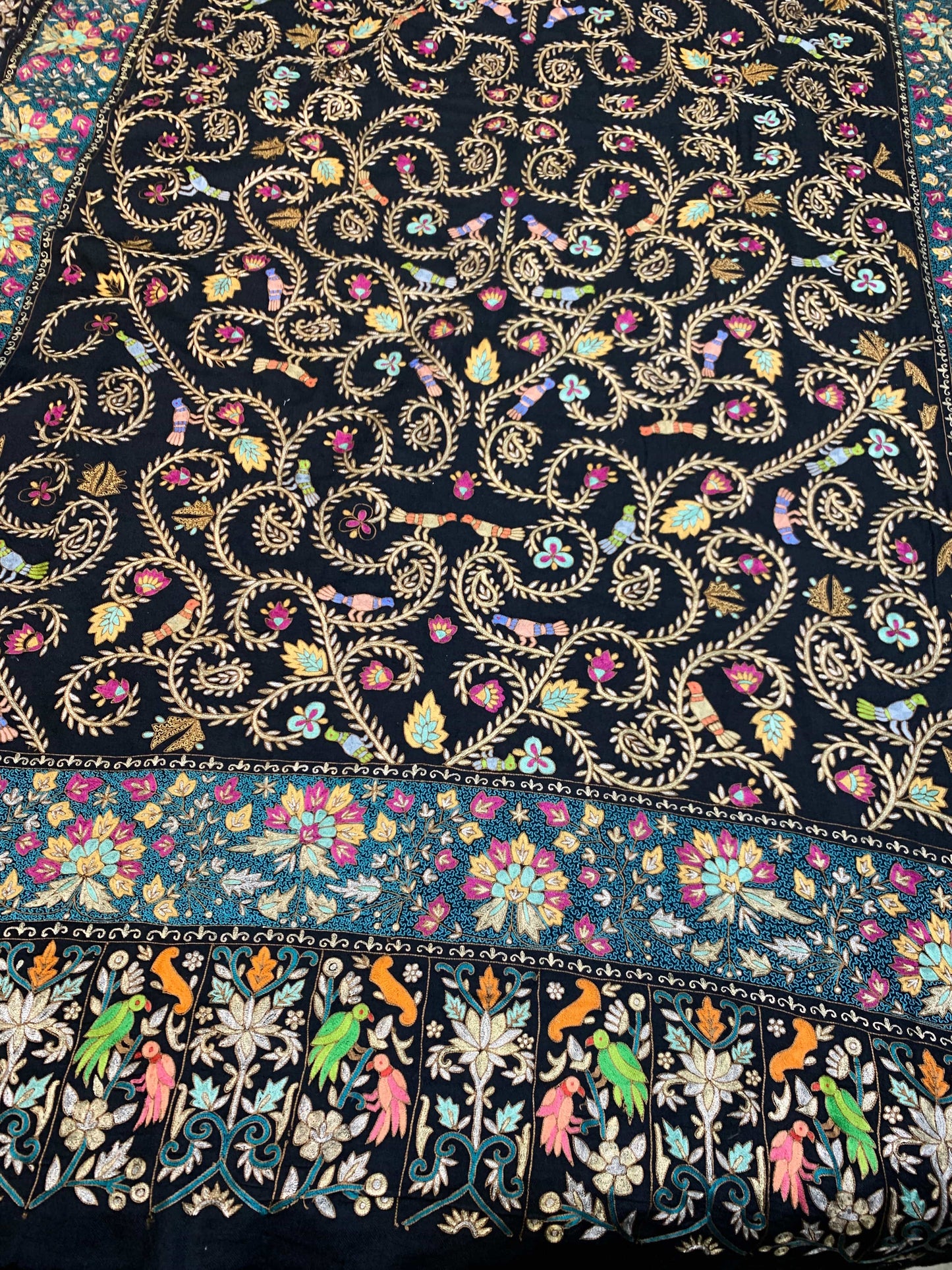 Pashtush India Womens Shawls Pashtush Women's Pure Pashmina Shawl, Kashmiri Tilla Work, Handloom, Black and Golden