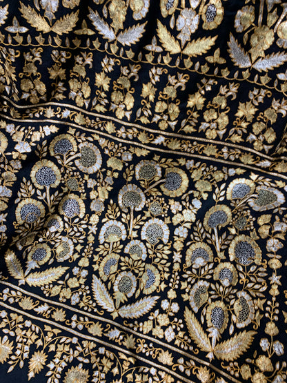 Pashtush India Womens Shawls Pashtush Women's Pure Pashmina Shawl, Kashmiri Tilla Work, Handloom, Black and Golden