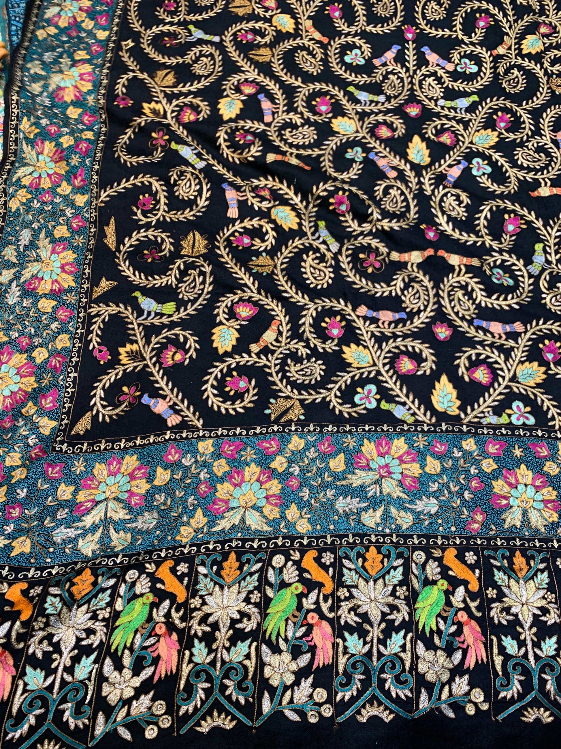 Pashtush India Womens Shawls Pashtush Women's Pure Pashmina Shawl, Kashmiri Tilla Work, Handloom, Black and Golden