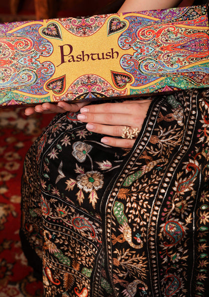 Pashtush India 100x200 Pashtush Women's Pure Pashmina With Pure Tilla Work, Garden Of Paradise Aesthetic, Black