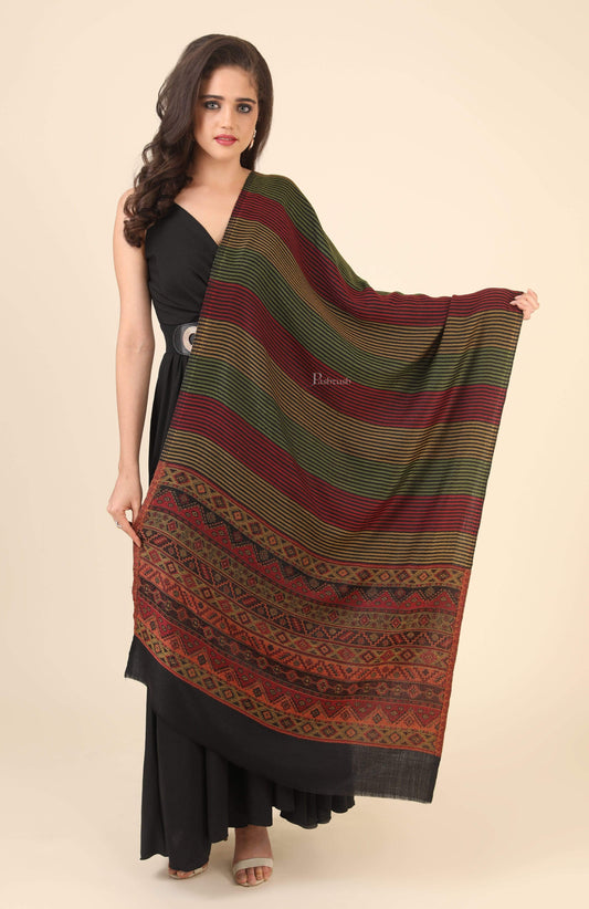 Pashtush India 70x200 Pashtush Women's Reversible Stole, Aztec Weave Scarf, Black