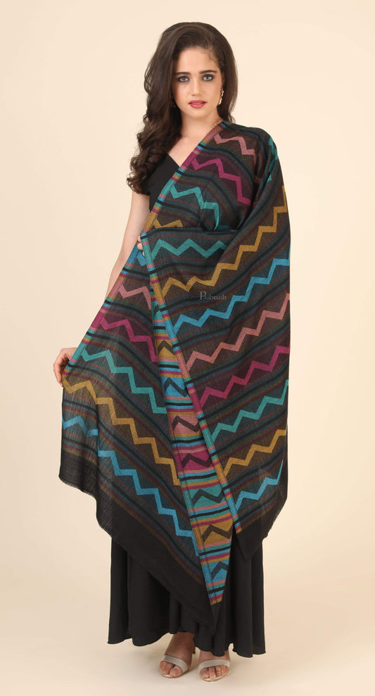Pashtush India 70x200 Pashtush Women's Reversible Stole, Aztec Weave Scarf, Black