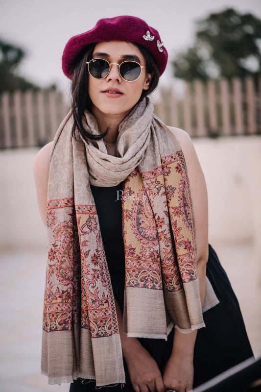 Pashtush India Womens Stoles and Scarves Scarf Pashtush Women'S Reversible Stole, Chanting Paisley Weave Scarf, Beige