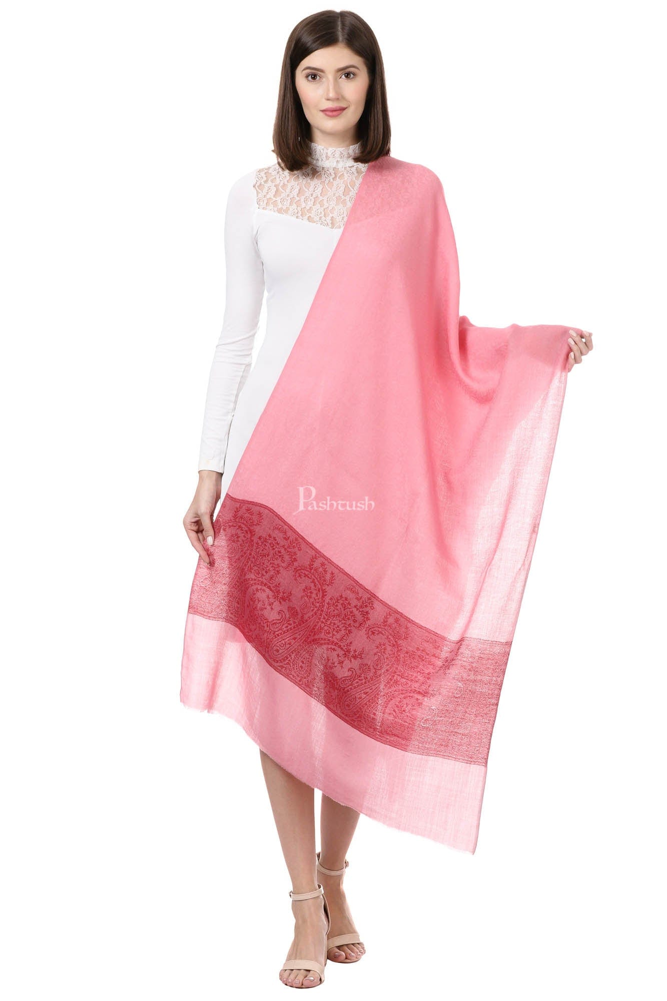 Pashtush India Womens Stoles and Scarves Scarf Pashtush Women'S Reversible Stole, Chanting Paisley Weave Scarf, Powder Pink