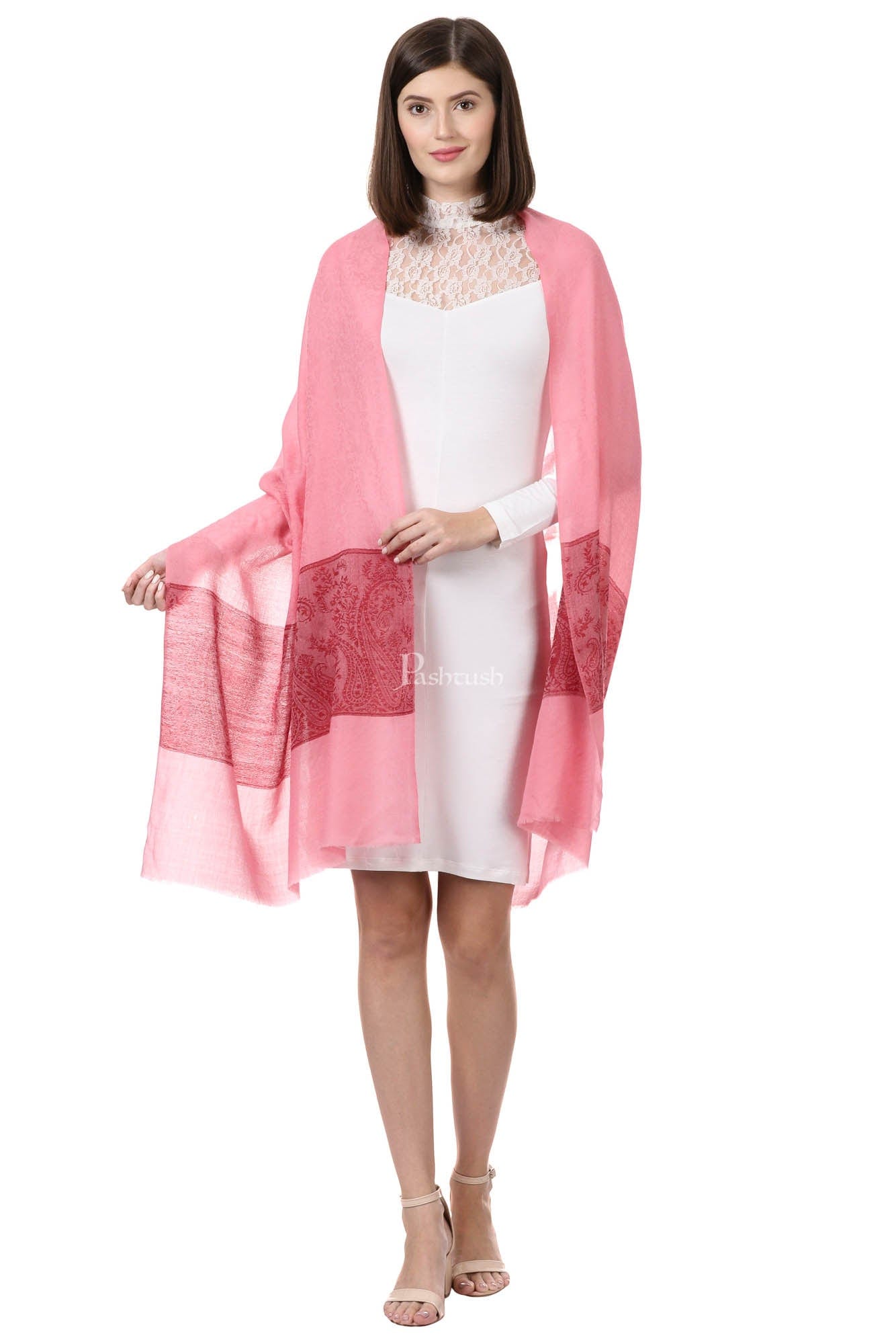 Pashtush India Womens Stoles and Scarves Scarf Pashtush Women'S Reversible Stole, Chanting Paisley Weave Scarf, Powder Pink