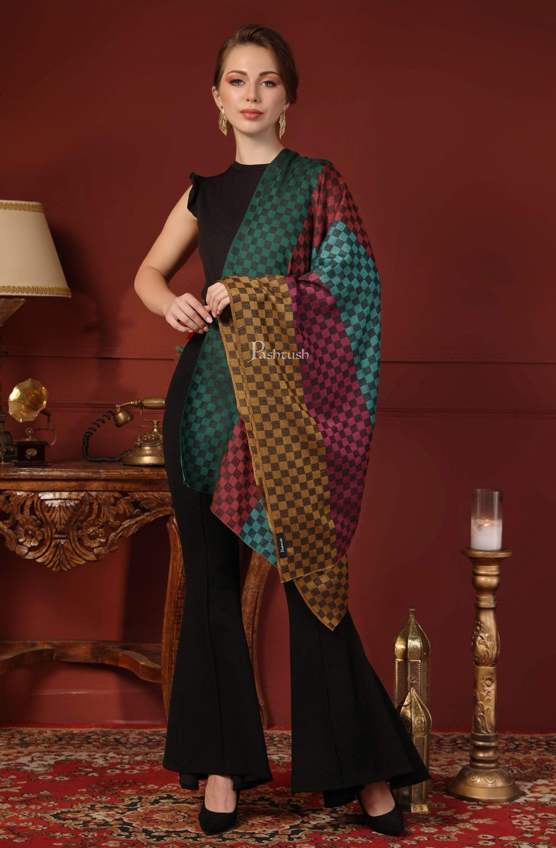 Pashtush India 70x200 Pashtush Women's Reversible Stole, checkered design Multi coloured