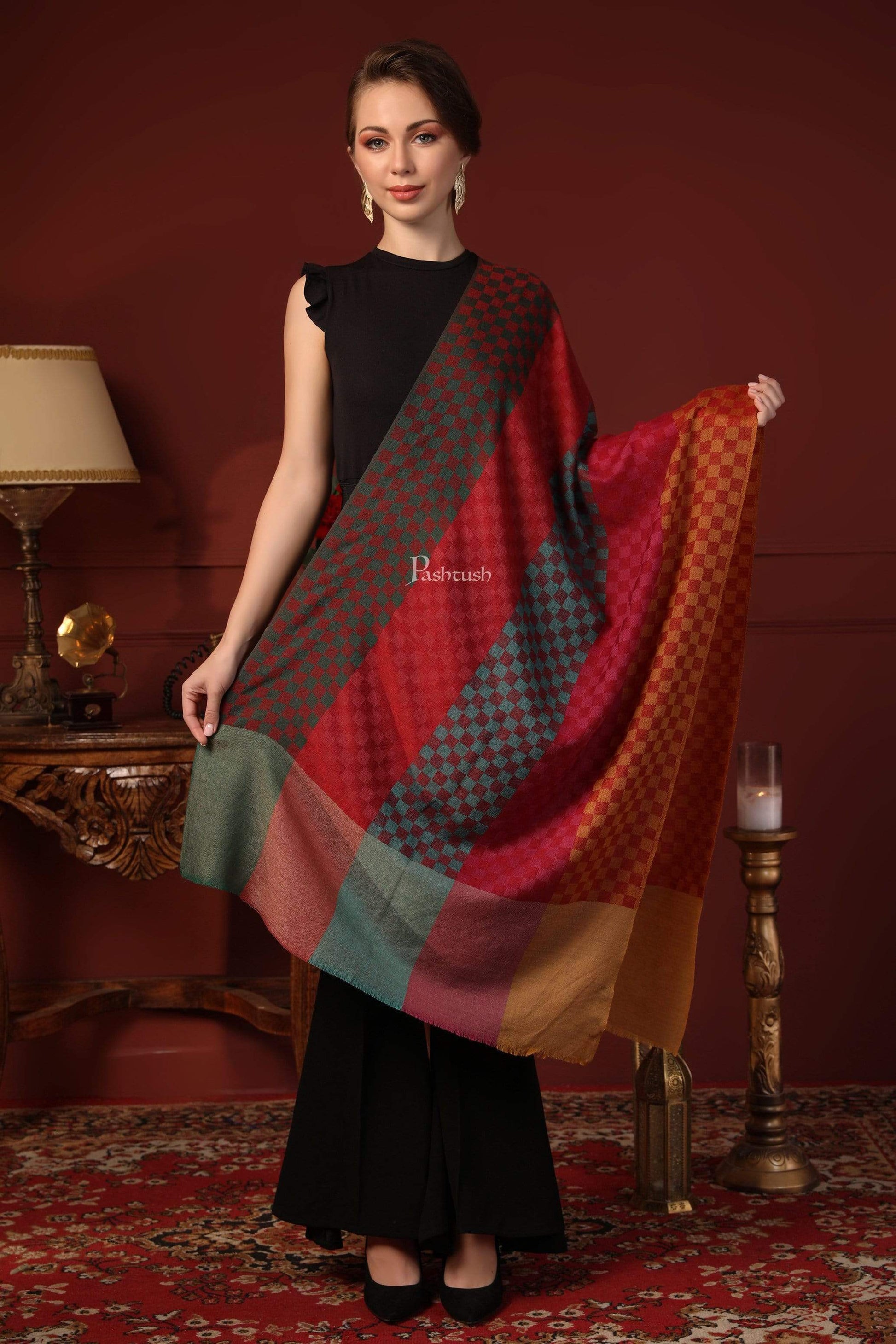 Pashtush India 70x200 Pashtush Women's Reversible Stole, checkered design Multi coloured