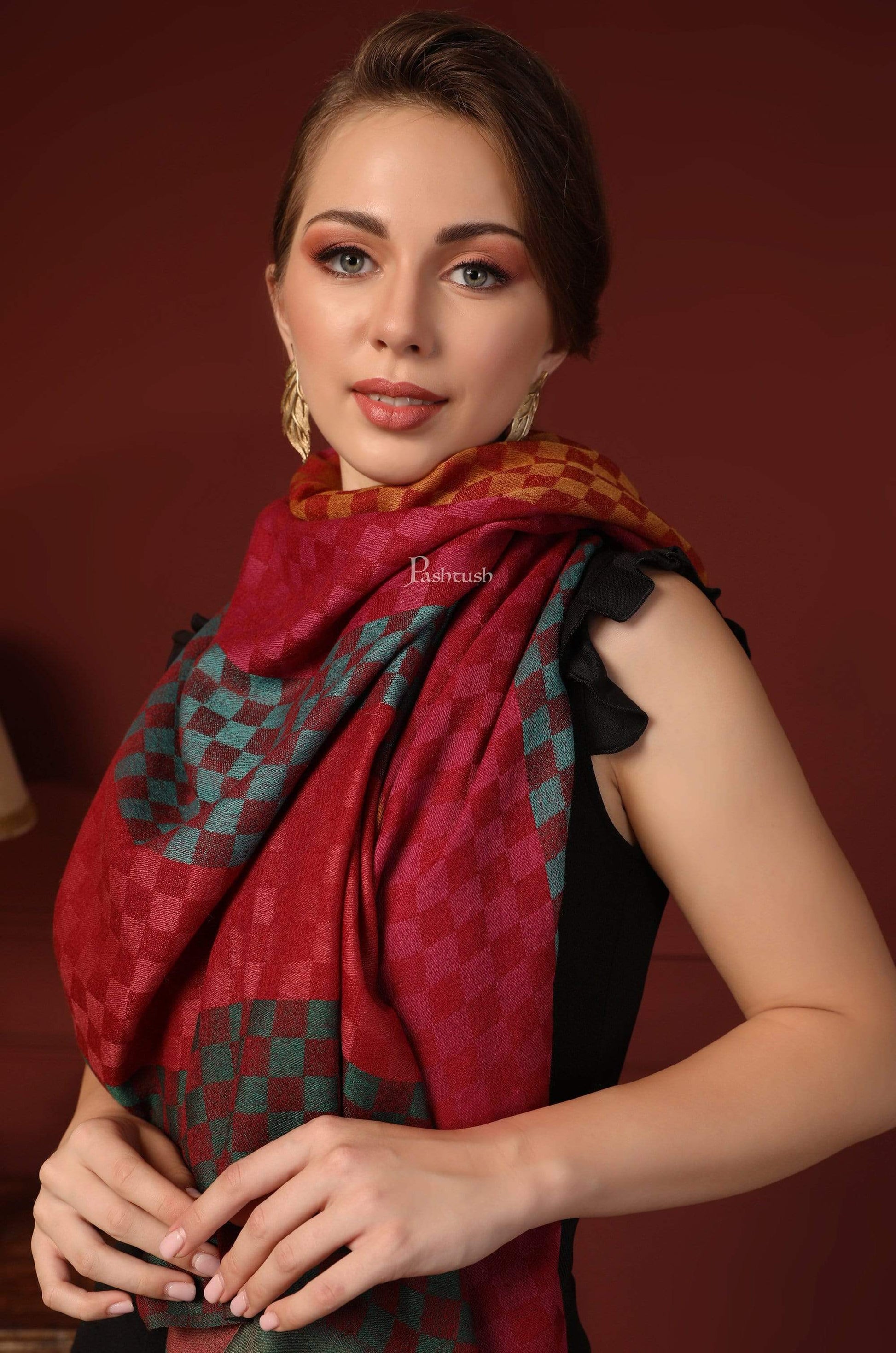 Pashtush India 70x200 Pashtush Women's Reversible Stole, checkered design Multi coloured