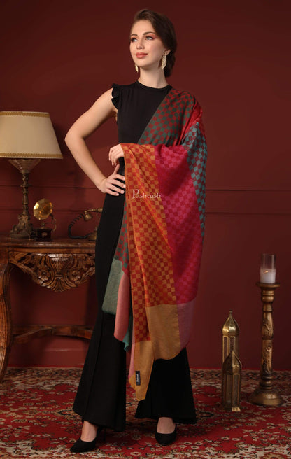 Pashtush India 70x200 Pashtush Women's Reversible Stole, checkered design Multi coloured
