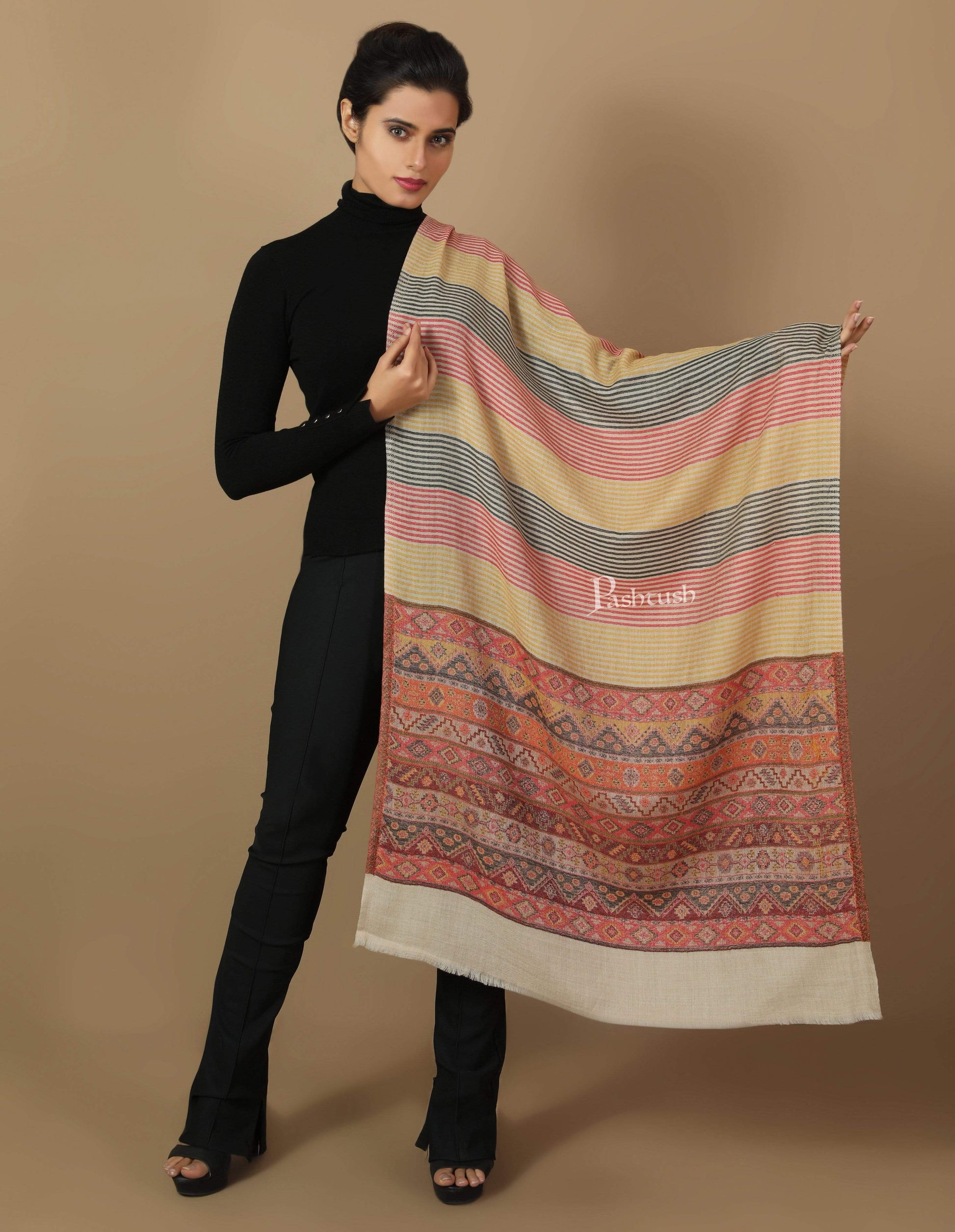 Pashtush India 70x200 Pashtush Women's Reversible Stole, Kullu Weave Scarf, Beige