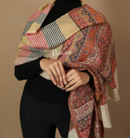 Pashtush India 70x200 Pashtush Women's Reversible Stole, Kullu Weave Scarf, Beige