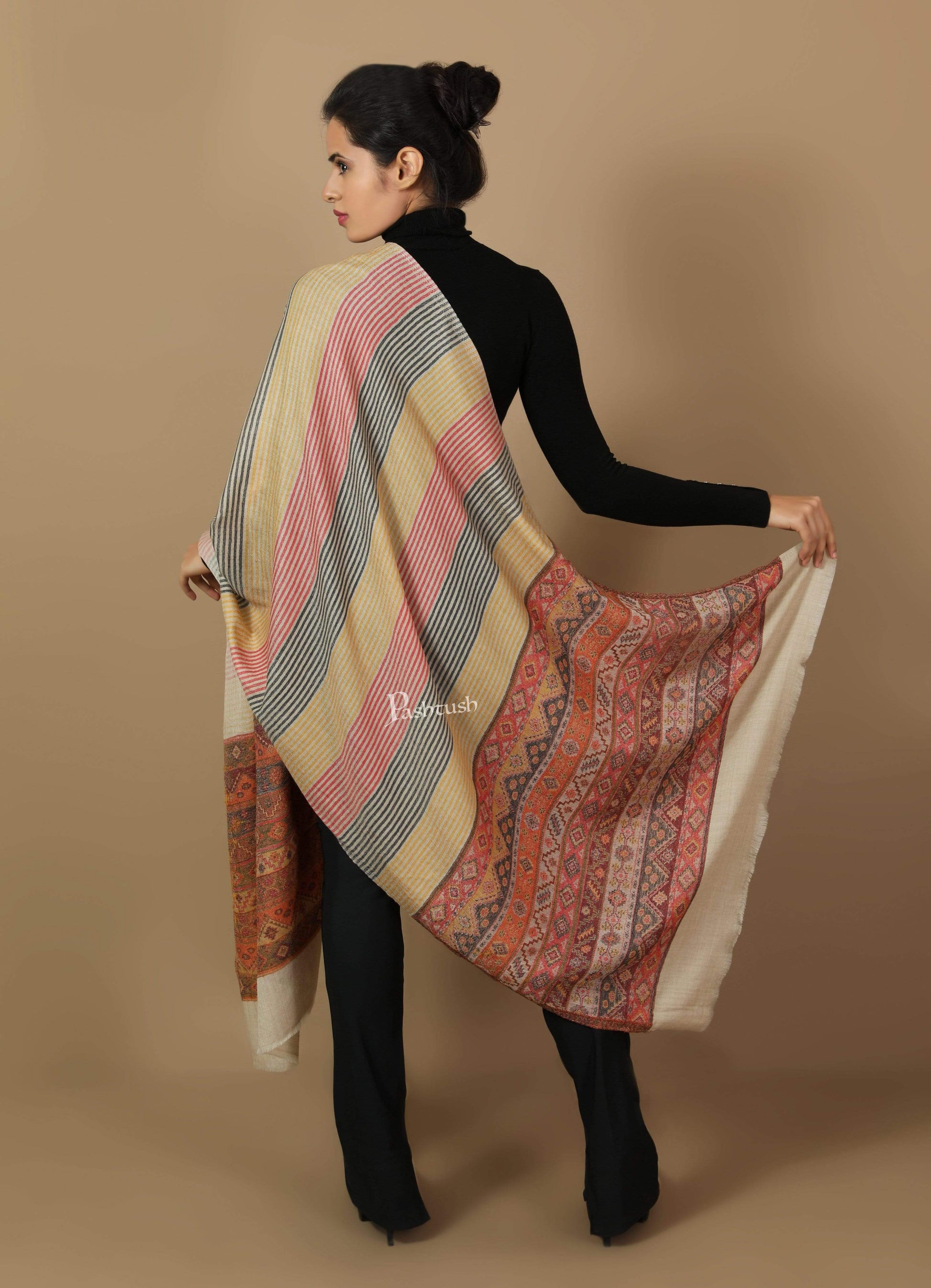Pashtush India 70x200 Pashtush Women's Reversible Stole, Kullu Weave Scarf, Beige