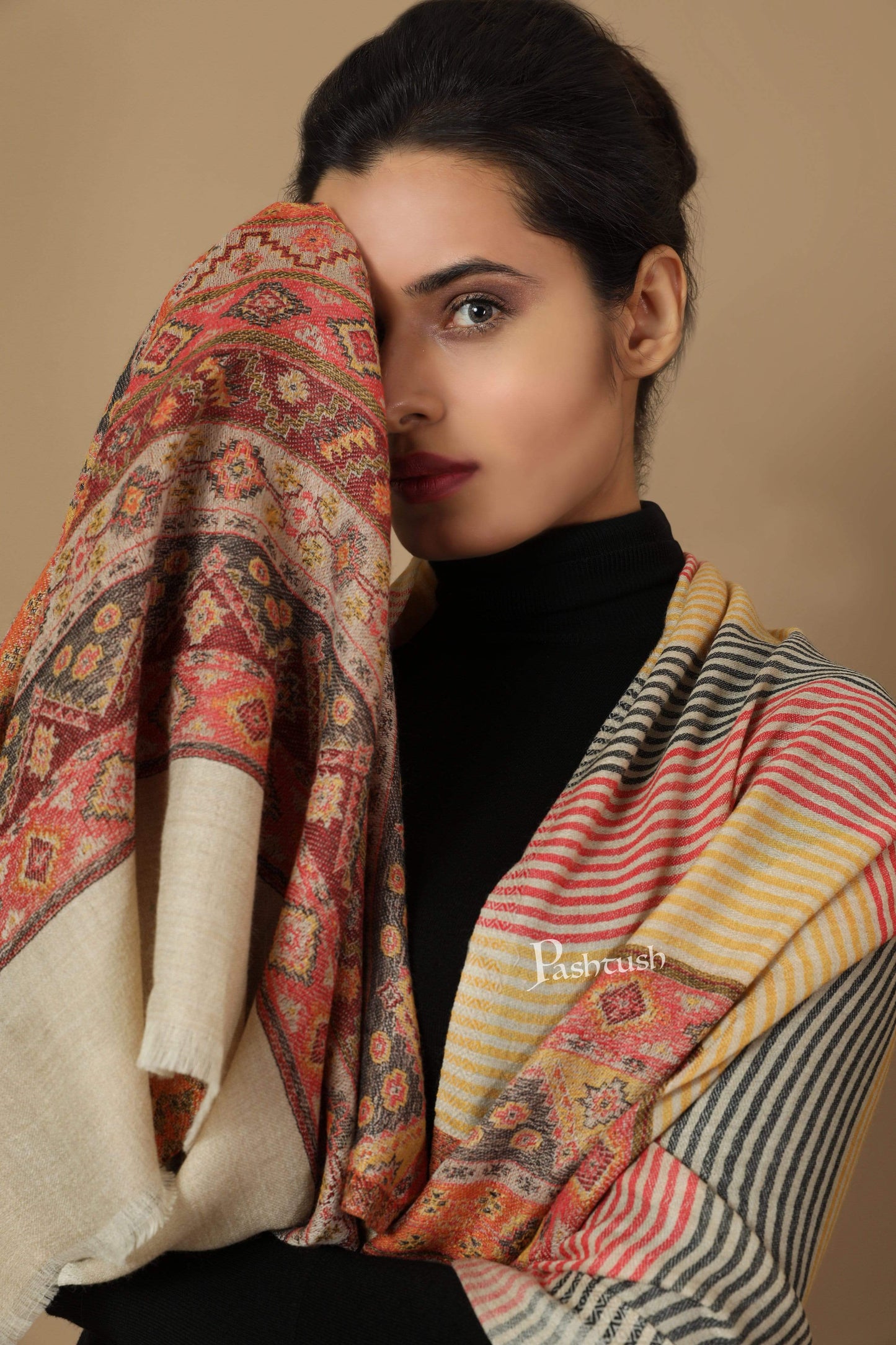 Pashtush India 70x200 Pashtush Women's Reversible Stole, Kullu Weave Scarf, Beige