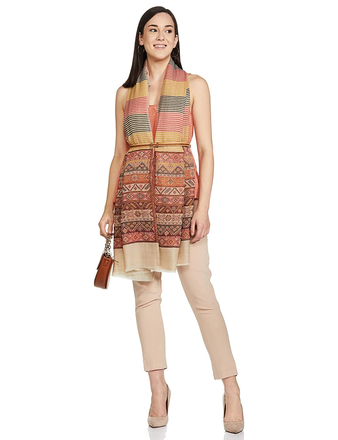 Pashtush India 70x200 Pashtush Women's Reversible Stole, Kullu Weave Scarf, Beige