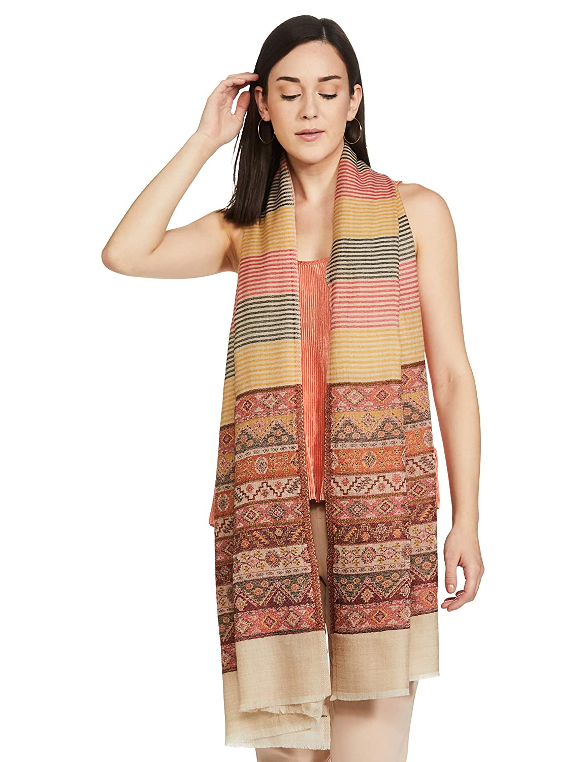 Pashtush India 70x200 Pashtush Women's Reversible Stole, Kullu Weave Scarf, Beige