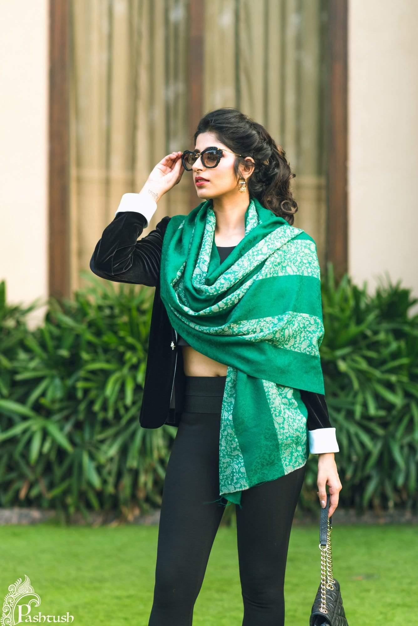 Pashtush India 70x200 Pashtush Women's Reversible Stole, Scarf with Stripes, Emerald Green