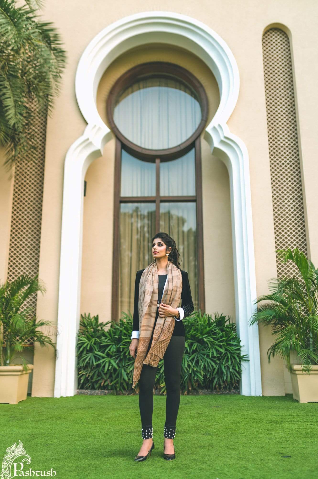 Pashtush Store Stole Pashtush Women's Reversible Stole with jacquard Weave, Coffee