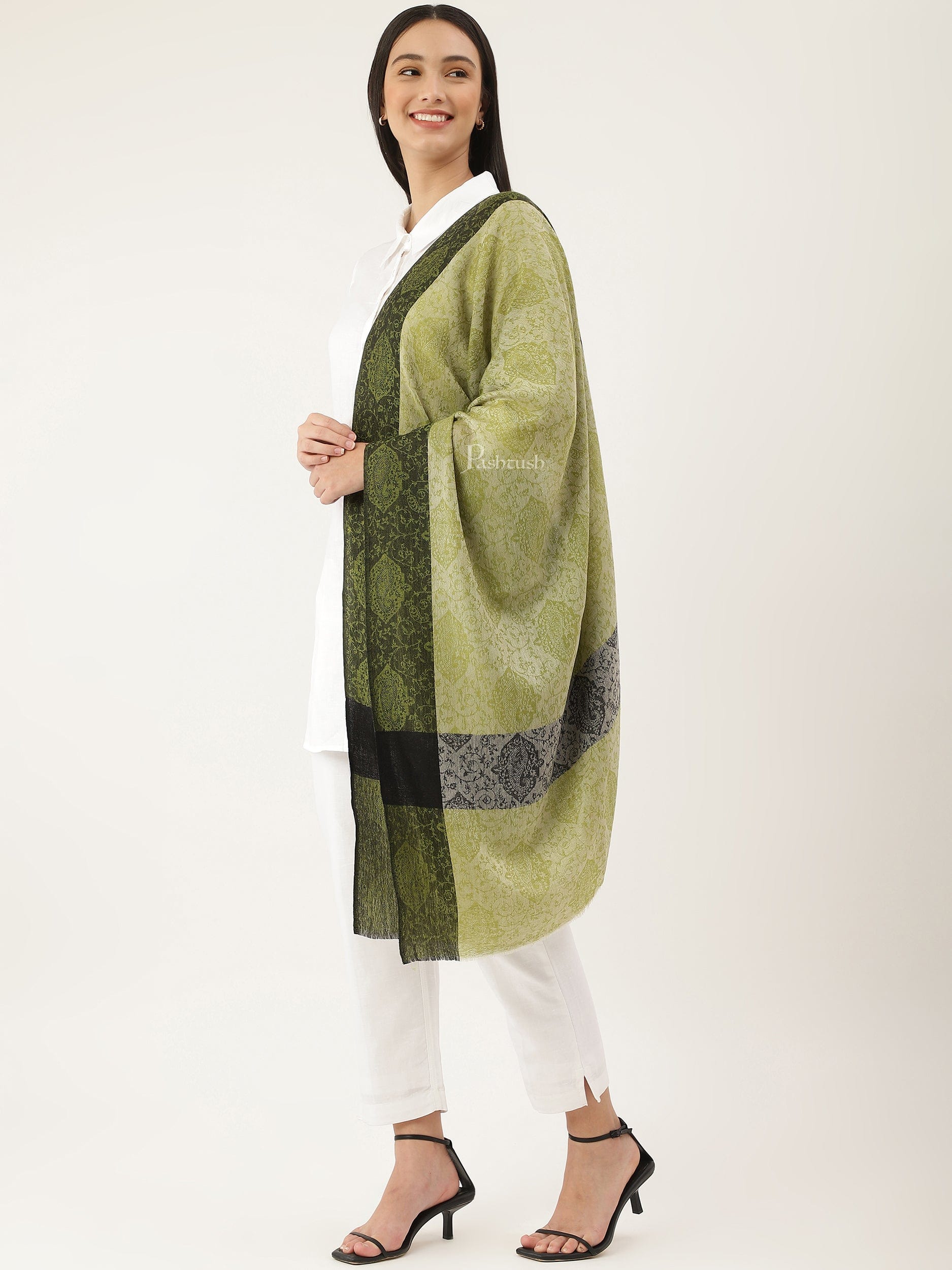 Pashtush India Womens Stoles and Scarves Scarf Pashtush Women's Reversible Stole, With Paiseley Weave, Green