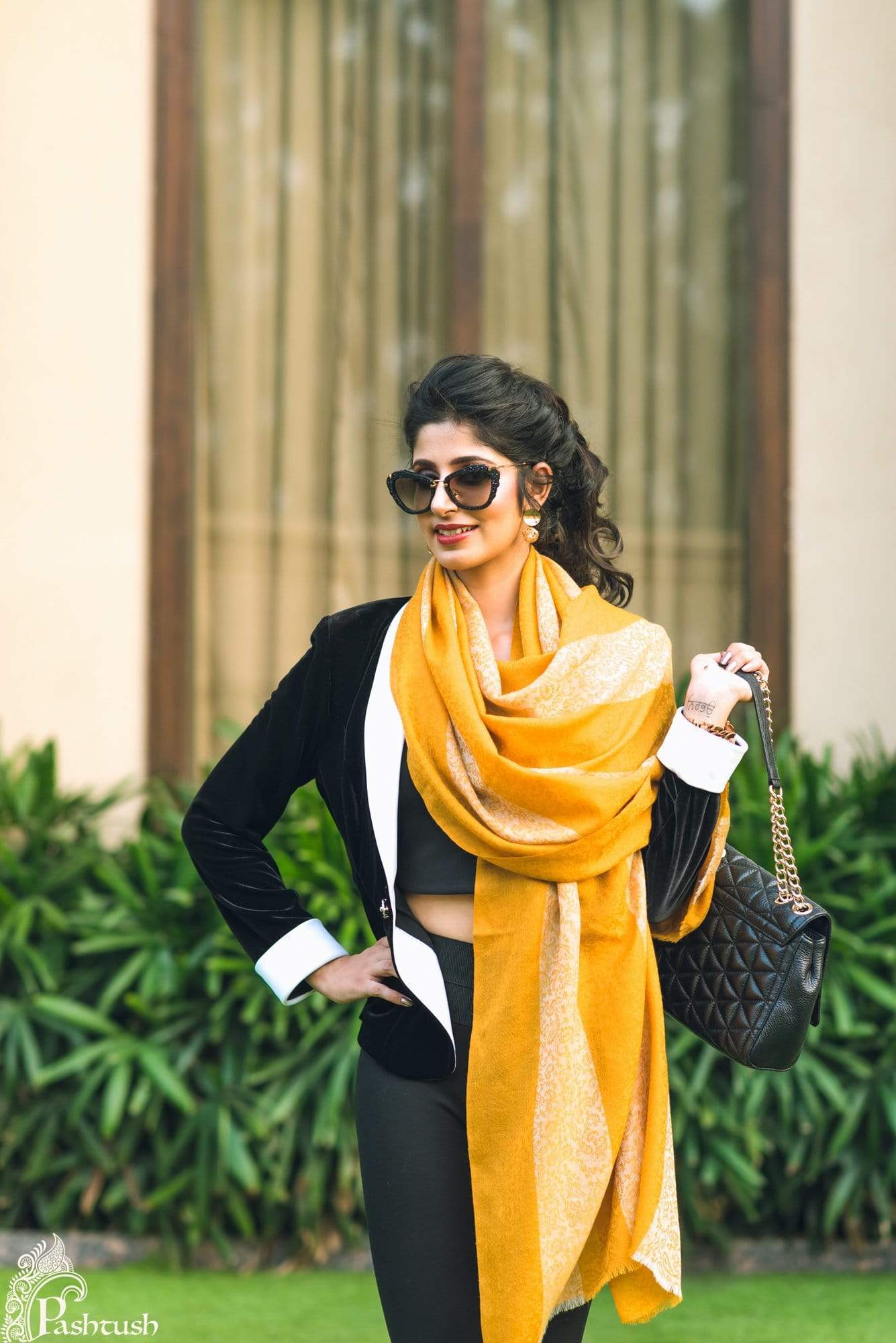 Pashtush India 70x200 Pashtush Women's Reversible Stole, with Stripes, Mustard and beige