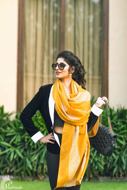Pashtush India 70x200 Pashtush Women's Reversible Stole, with Stripes, Mustard and beige