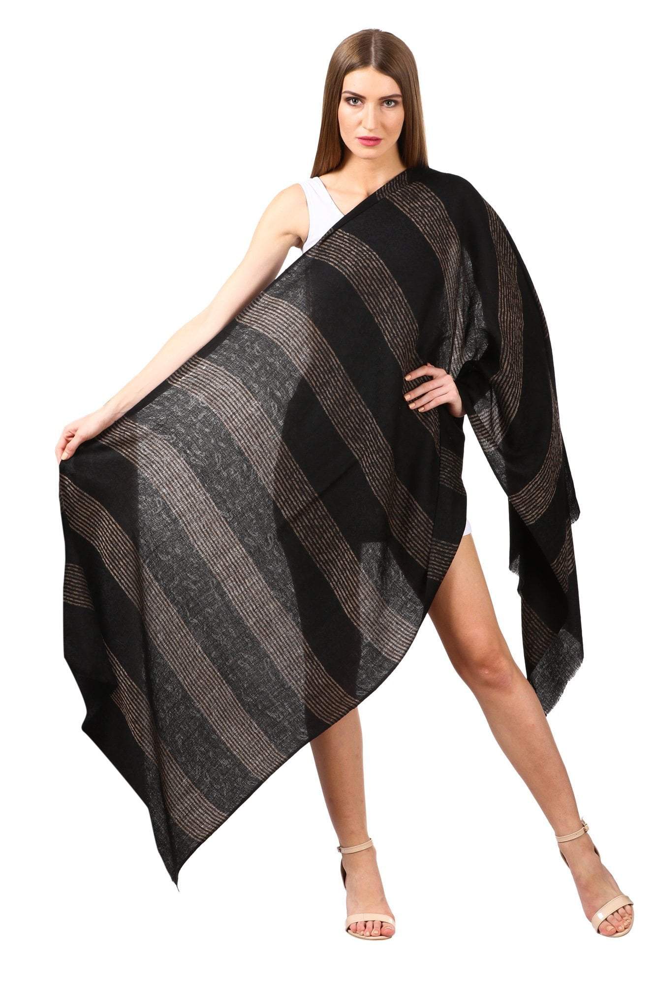 Pashtush India 70x200 Pashtush Women's Reversible Stole, with Stripes, Natural Wool (Black)