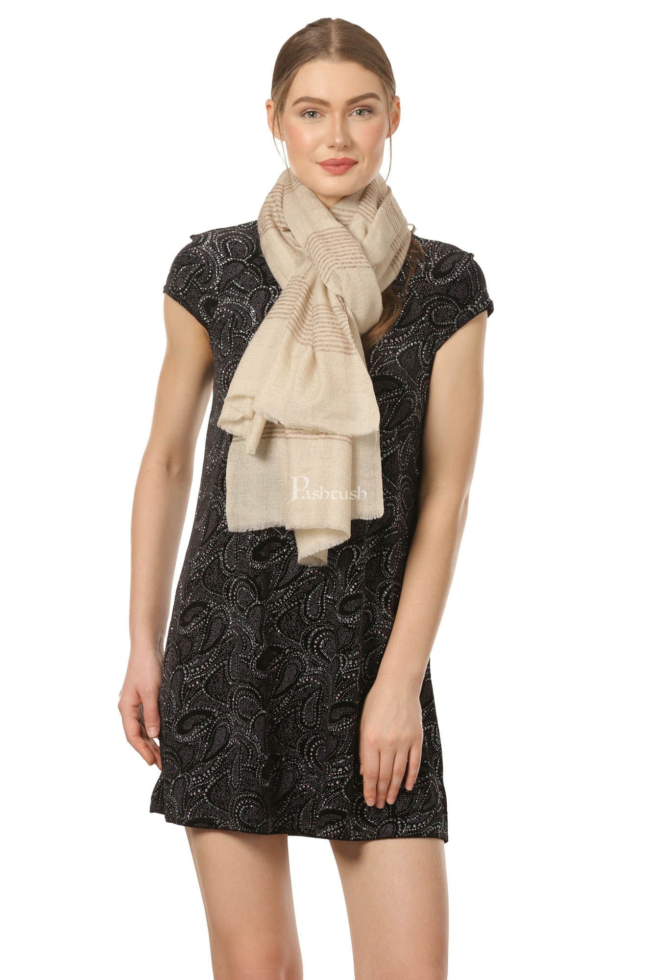 Pashtush India Womens Stoles and Scarves Scarf Pashtush Women'S Reversible Stole, With Stripes, Natural Wool, Subtle Beige
