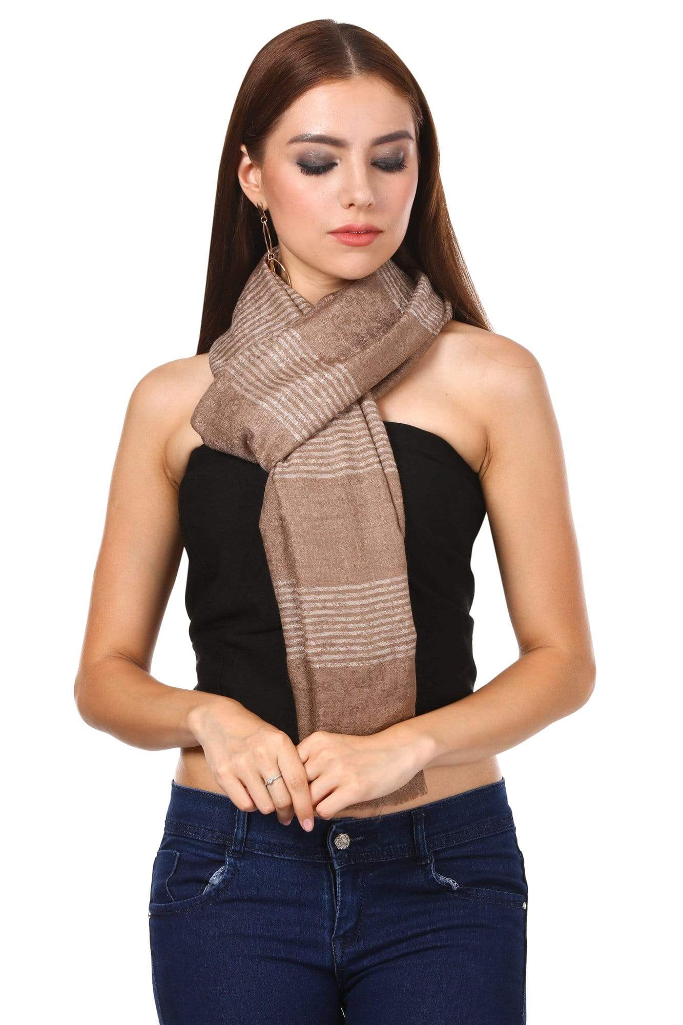 Pashtush India 70x200 Pashtush Women's Reversible Stole, with Stripes, Natural Wool, Taupe