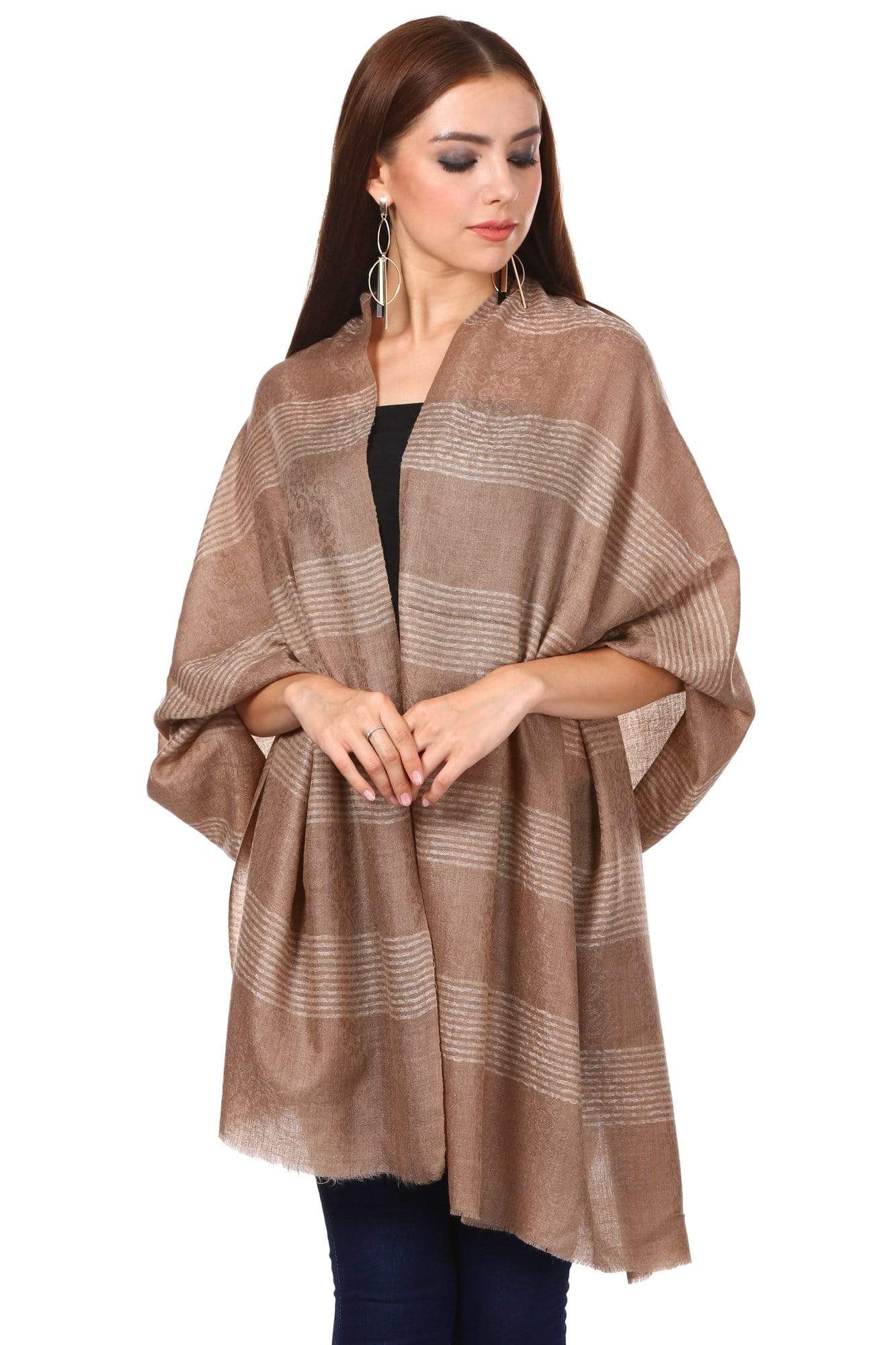 Pashtush India 70x200 Pashtush Women's Reversible Stole, with Stripes, Natural Wool, Taupe