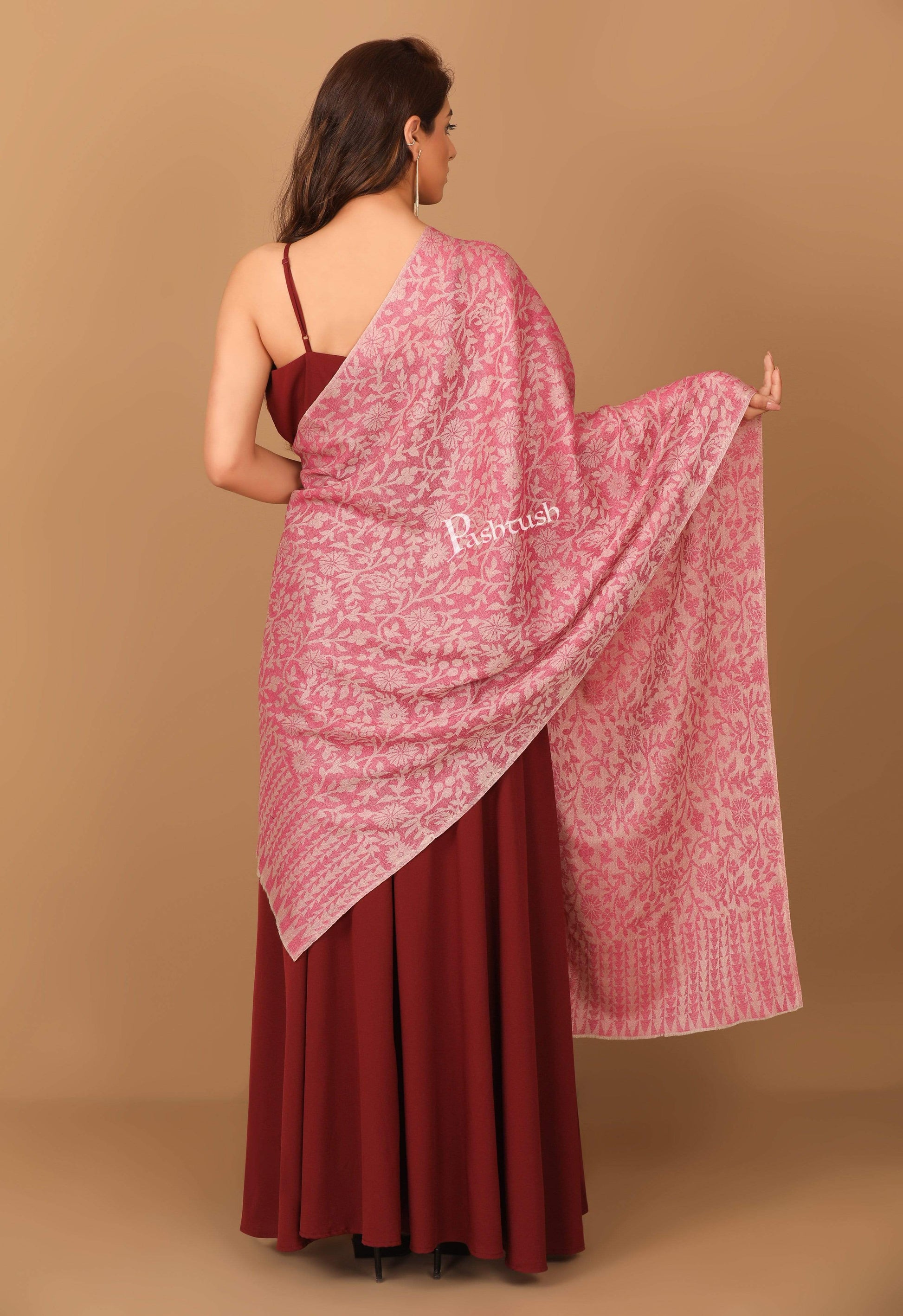 Pashtush Shawl Store Stole Pashtush Women's Wool Self Reversible Scarf Floral Jacquard Design, Silk-Wool