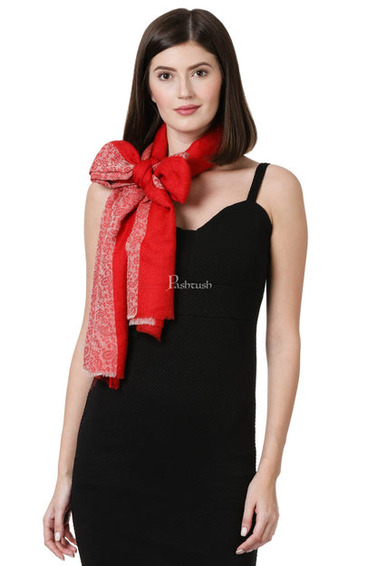 Pashtush India Womens Stoles and Scarves Scarf Pashtush Women'S Silk-Fine Wool Feel Reversible Stole, Striped Scarf, Scarlet Red
