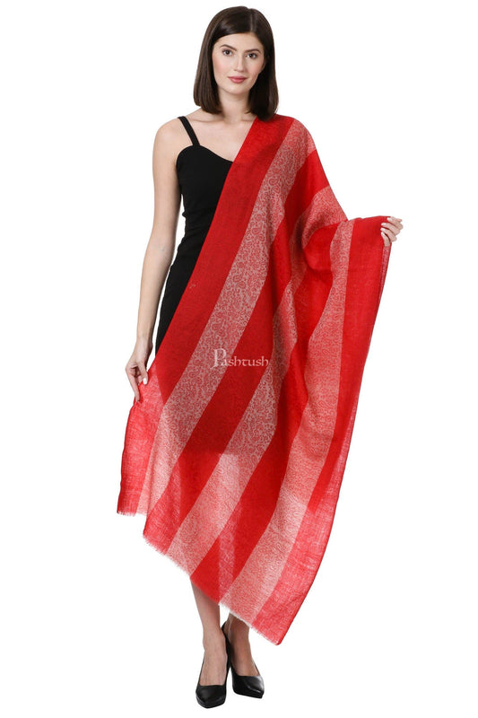 Pashtush India Womens Stoles and Scarves Scarf Pashtush Women'S Silk-Fine Wool Feel Reversible Stole, Striped Scarf, Scarlet Red