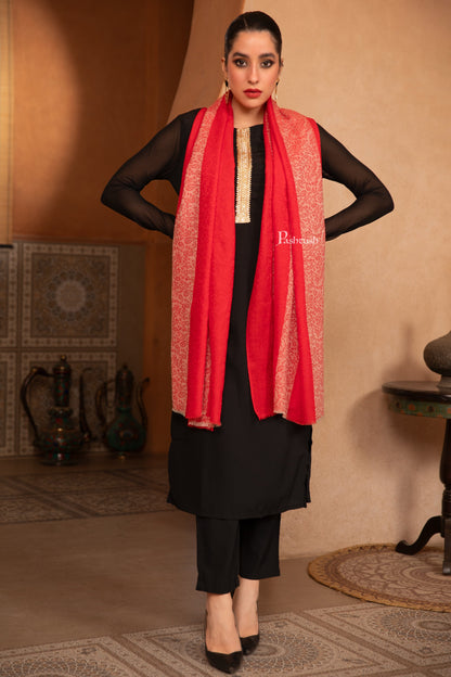 Pashtush India Womens Stoles and Scarves Scarf Pashtush Women'S Silk-Fine Wool Feel Reversible Stole, Striped Scarf, Scarlet Red