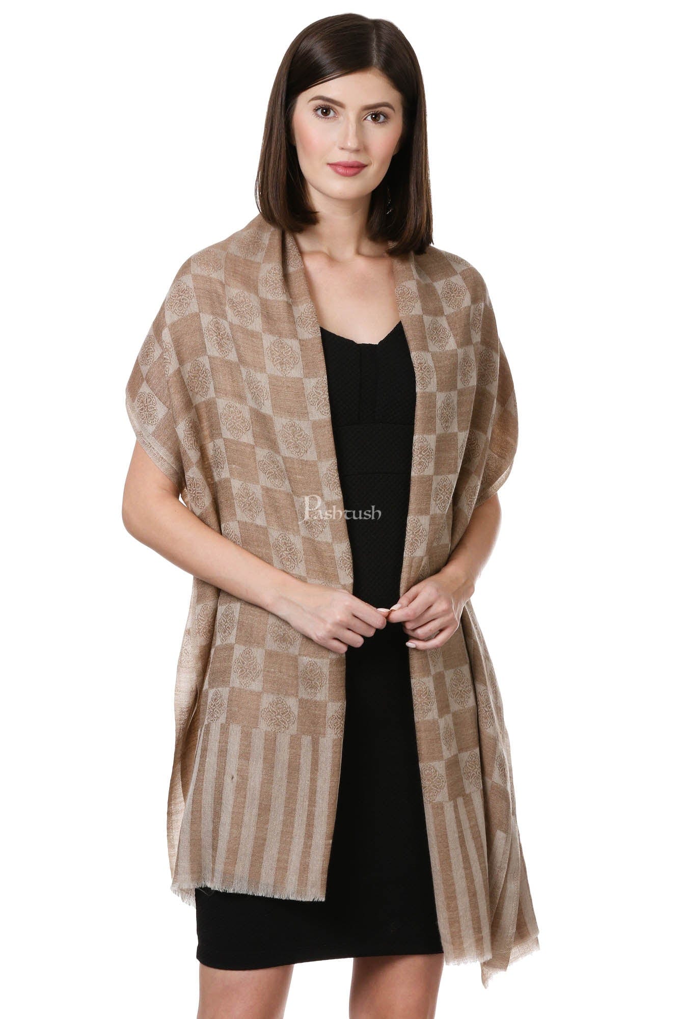 Pashtush India Womens Stoles and Scarves Scarf Pashtush Women'S Silk-Fine Wool Reversible Stole, Dark Beige