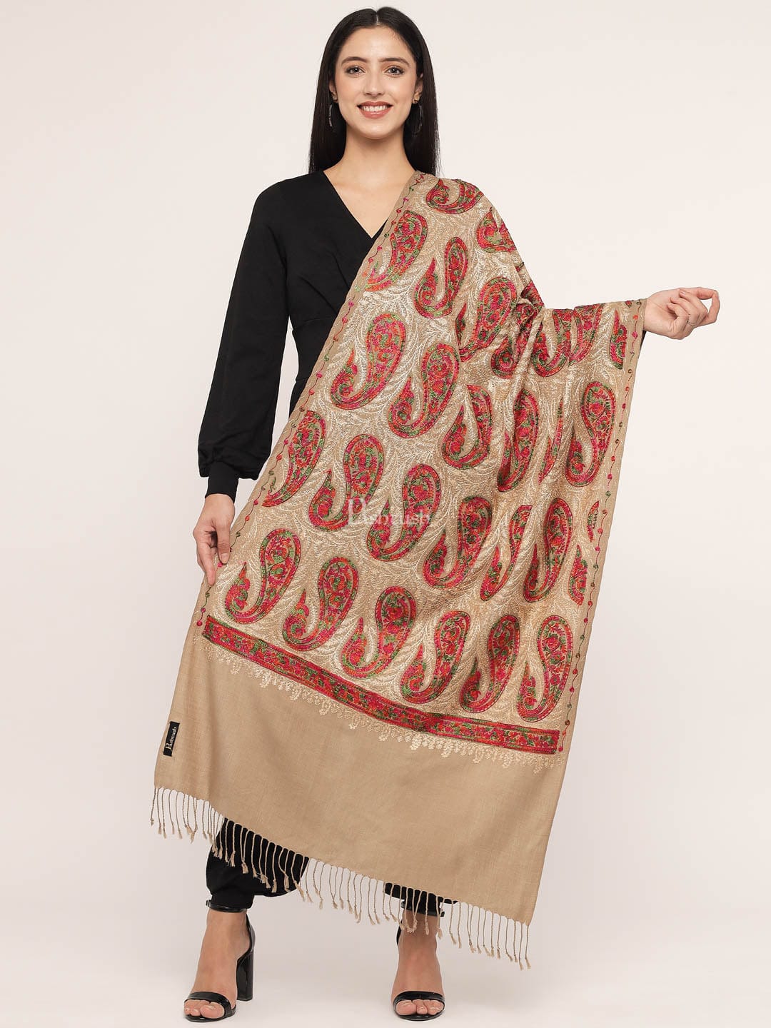 Pashtush India Womens Stoles and Scarves Scarf Pashtush Women'S Silk Wool Hand Embroidery Stole, Extra Soft