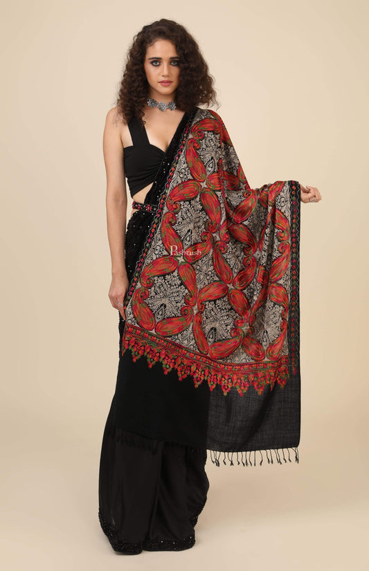 Pashtush India 70x200 Pashtush Women's Silk Wool Hand Embroidery Stole, Extra Soft Black