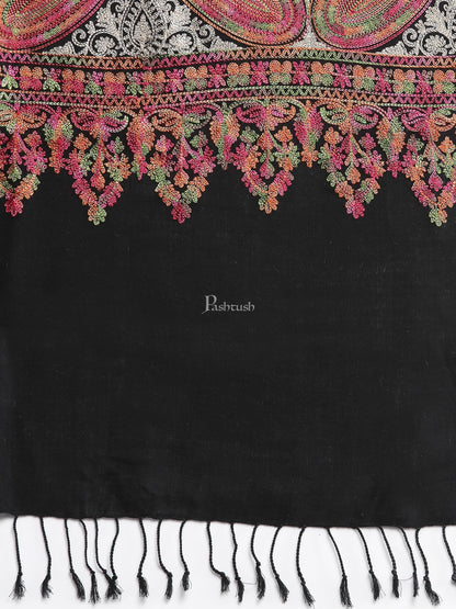 Pashtush India Womens Stoles and Scarves Scarf Pashtush Women'S Silk Wool Hand Embroidery Stole, Extra Soft Black
