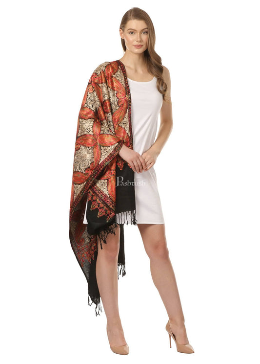 Pashtush India Womens Stoles and Scarves Scarf Pashtush Women'S Silk Wool Hand Embroidery Stole, Extra Soft Black