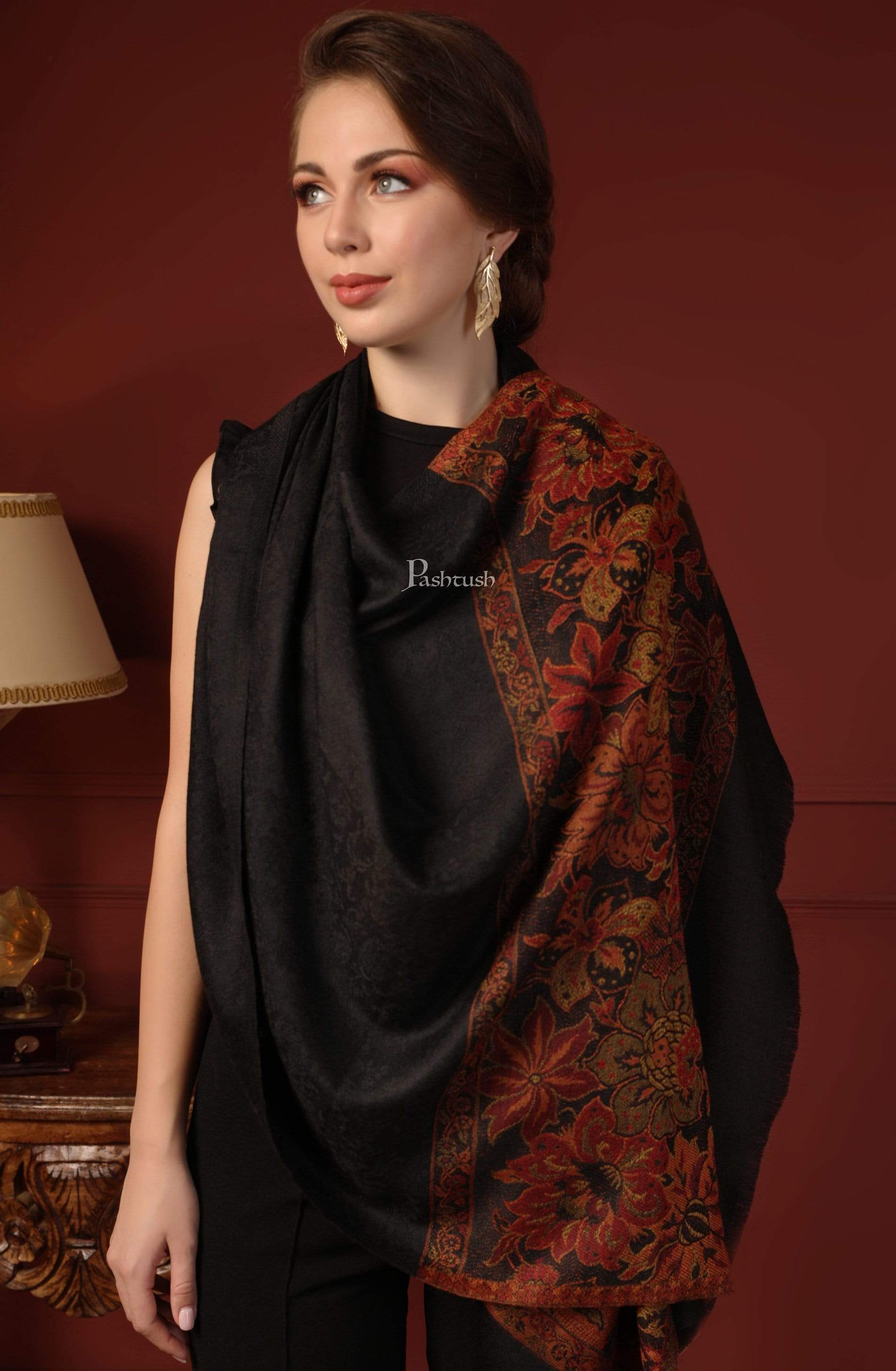 Pashtush India 70x200 Pashtush Women's Silk-Wool Reversible Floral Scarf, Soft and Warm Black
