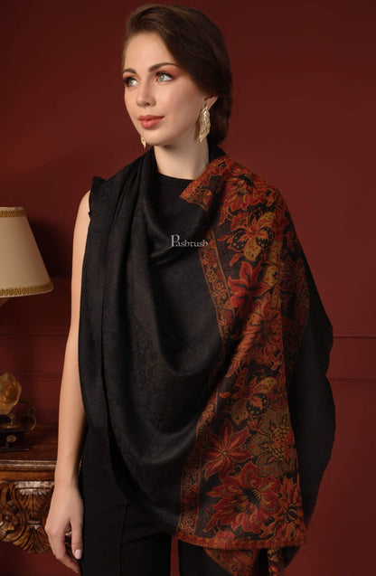 Pashtush India 70x200 Pashtush Women's Silk-Wool Reversible Floral Scarf, Soft and Warm Black