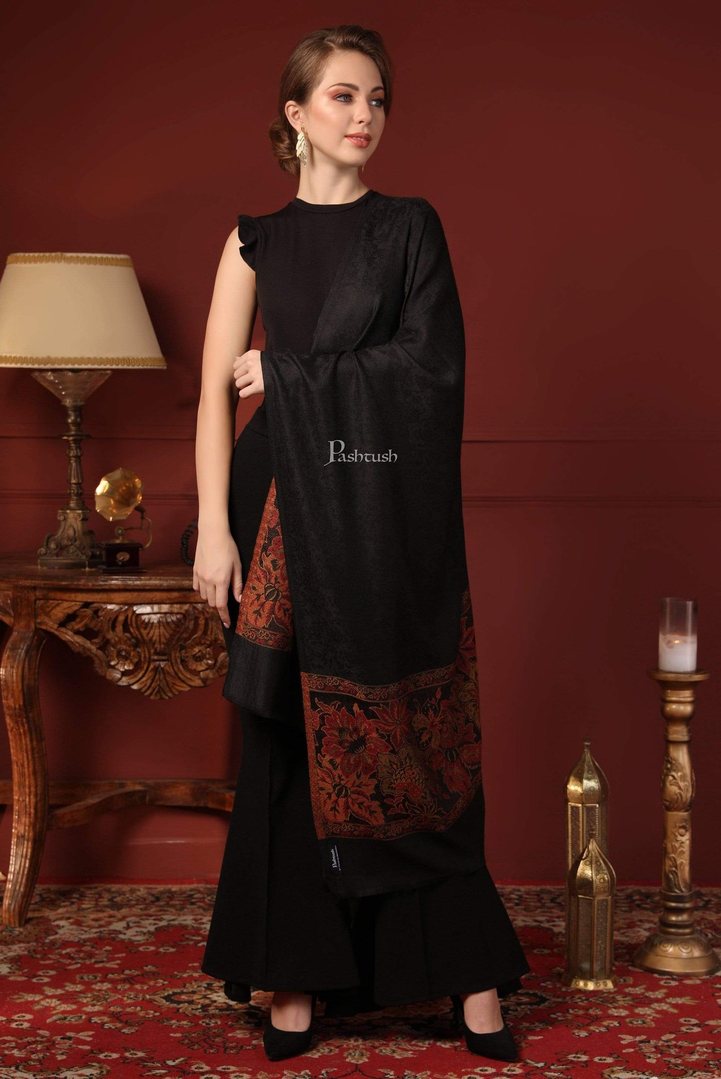 Pashtush India 70x200 Pashtush Women's Silk-Wool Reversible Floral Scarf, Soft and Warm Black