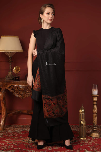 Pashtush India 70x200 Pashtush Women's Silk-Wool Reversible Floral Scarf, Soft and Warm Black