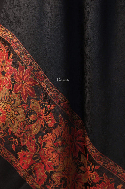 Pashtush India 70x200 Pashtush Women's Silk-Wool Reversible Floral Scarf, Soft and Warm Black