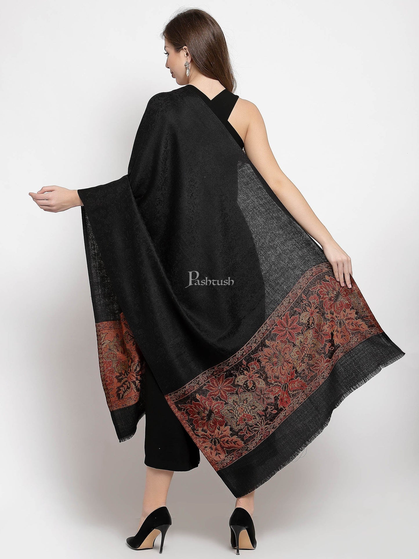 Pashtush India Womens Stoles and Scarves Scarf Pashtush Women'S Silk-Wool Reversible Floral Scarf, Soft And Warm Black