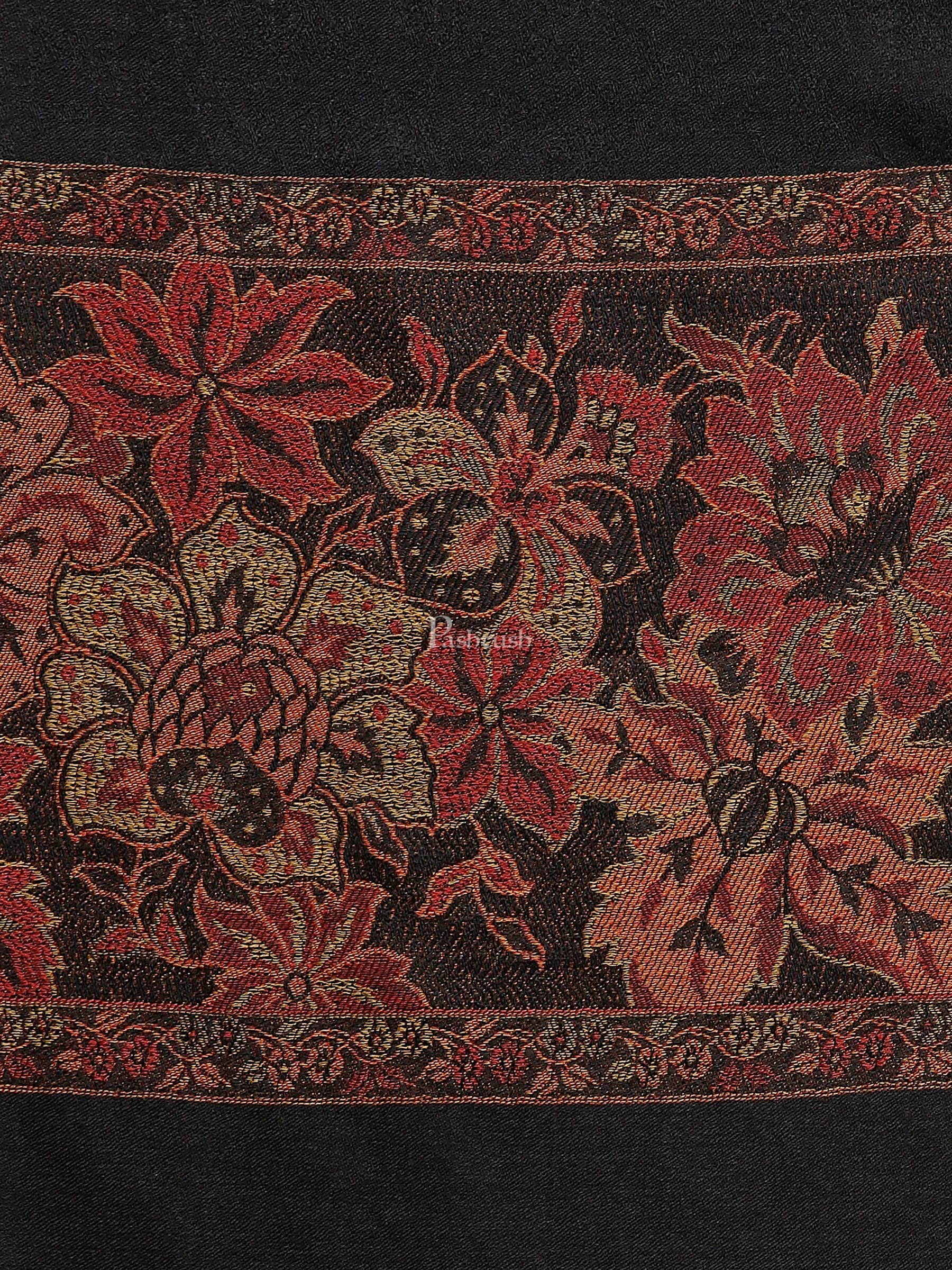 Pashtush India Womens Stoles and Scarves Scarf Pashtush Women'S Silk-Wool Reversible Floral Scarf, Soft And Warm Black