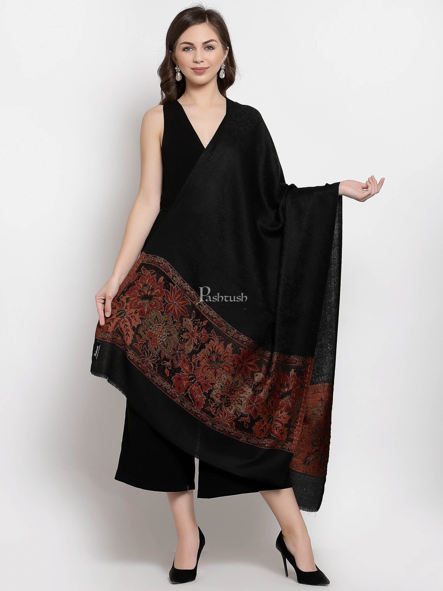 Pashtush India Womens Stoles and Scarves Scarf Pashtush Women'S Silk-Wool Reversible Floral Scarf, Soft And Warm Black