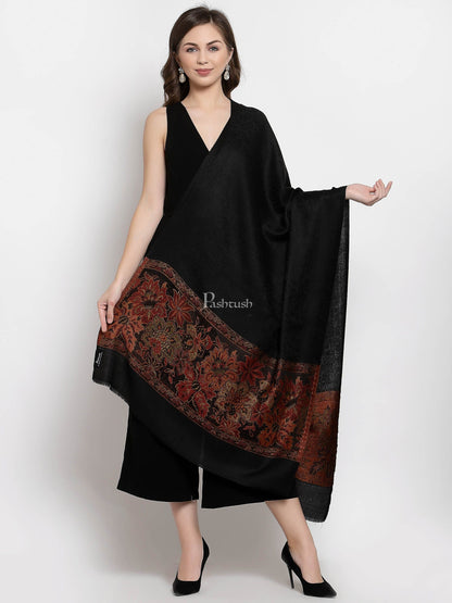 Pashtush India Womens Stoles and Scarves Scarf Pashtush Women'S Silk-Wool Reversible Floral Scarf, Soft And Warm Black