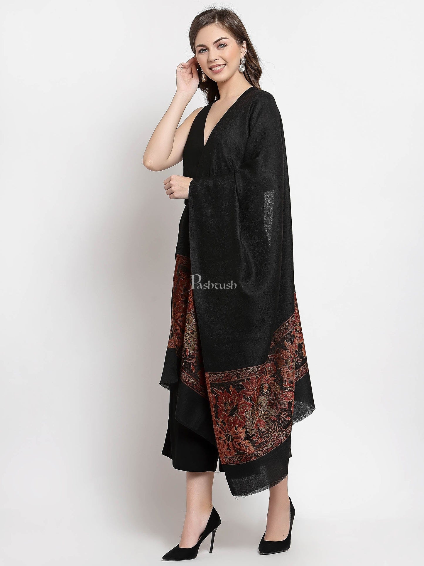 Pashtush India Womens Stoles and Scarves Scarf Pashtush Women'S Silk-Wool Reversible Floral Scarf, Soft And Warm Black