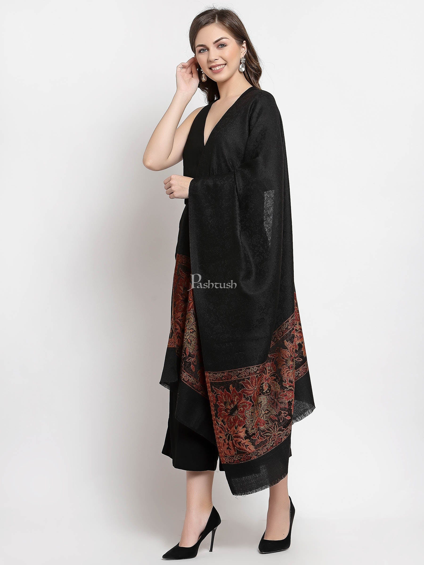 Pashtush India Womens Stoles and Scarves Scarf Pashtush Women'S Silk-Wool Reversible Floral Scarf, Soft And Warm Black